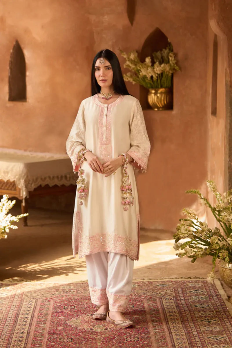 ANAM - DAISY IVORY WITH PINK A-LINE KURTA WITH SALWAR AND DUPATTA silk organza kurta/kurta set by SHEETAL BATRA in daisy ivory with pink for women Worldwide