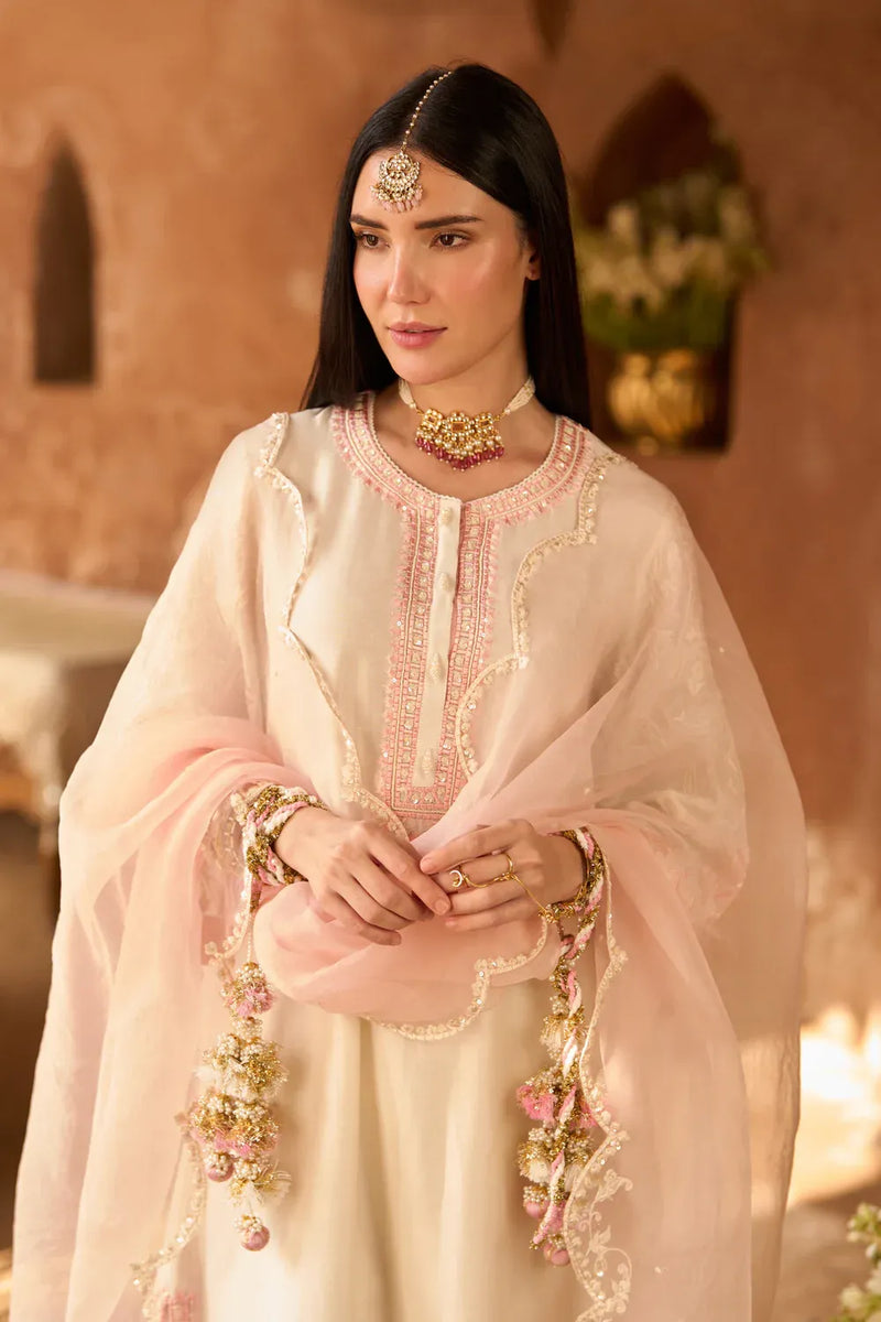ANAM - DAISY IVORY WITH PINK A-LINE KURTA WITH SALWAR AND DUPATTA silk organza kurta/kurta set by SHEETAL BATRA in daisy ivory with pink for women Worldwide