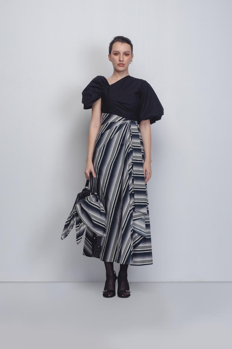 Anja Dress - Black + White Stripes cotton by Leh Studios in black color for women Worldwide