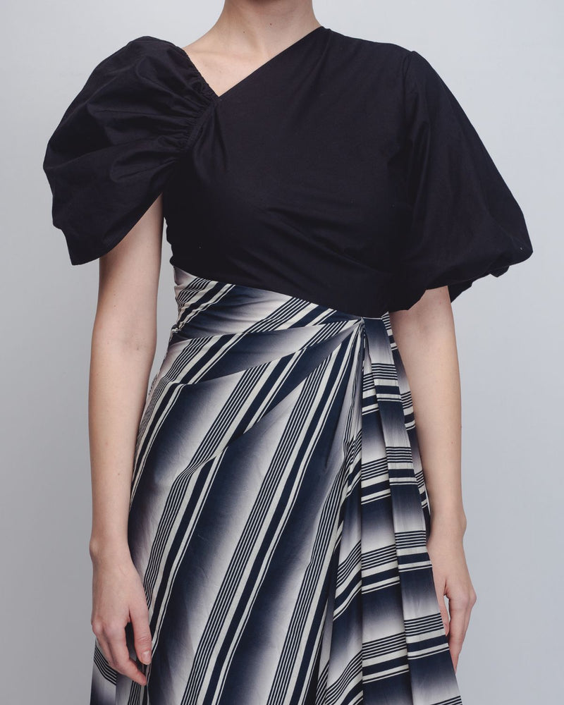 Anja Dress - Black + White Stripes cotton by Leh Studios in black color for women Worldwide