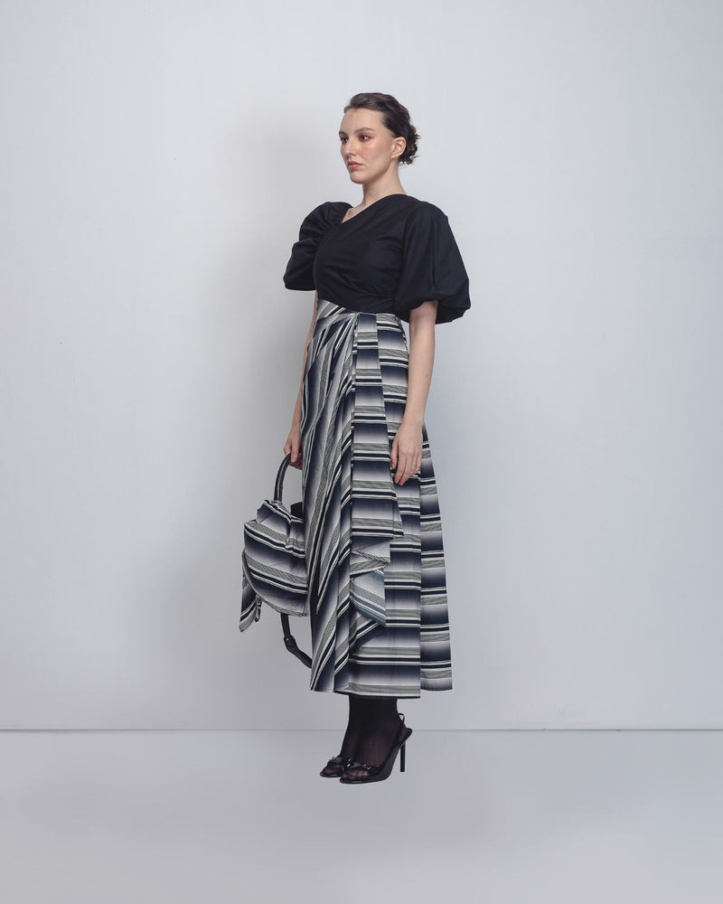 Anja Dress - Black + White Stripes cotton by Leh Studios in black color for women Worldwide
