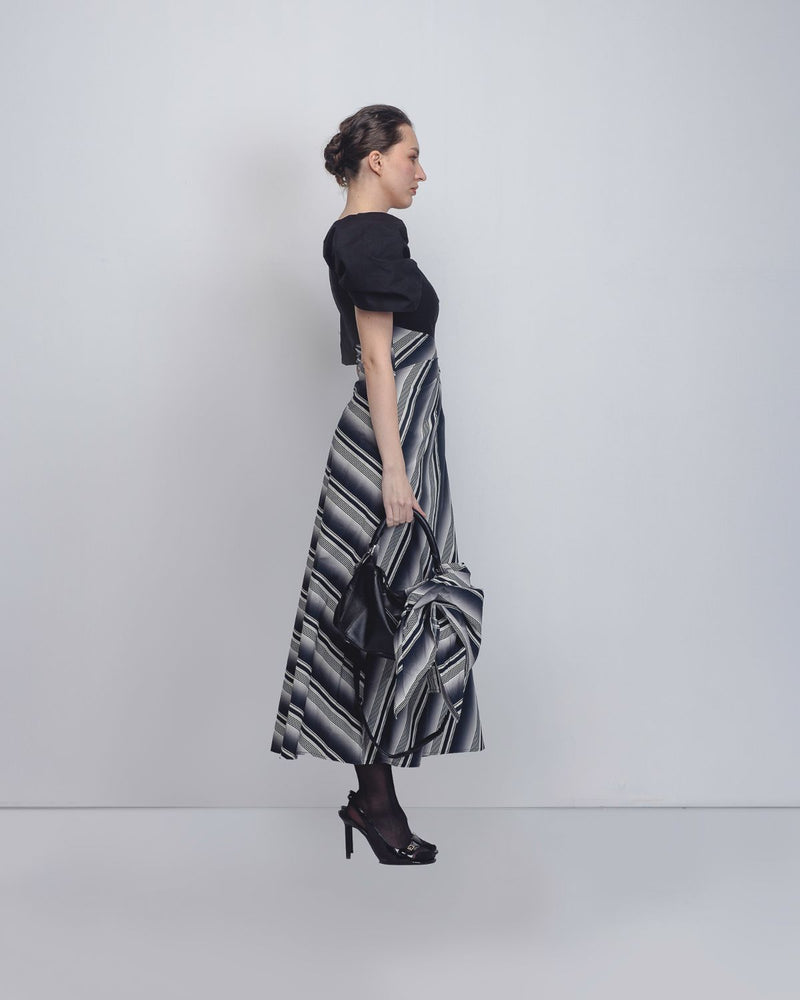 Anja Dress - Black + White Stripes cotton by Leh Studios in black color for women Worldwide