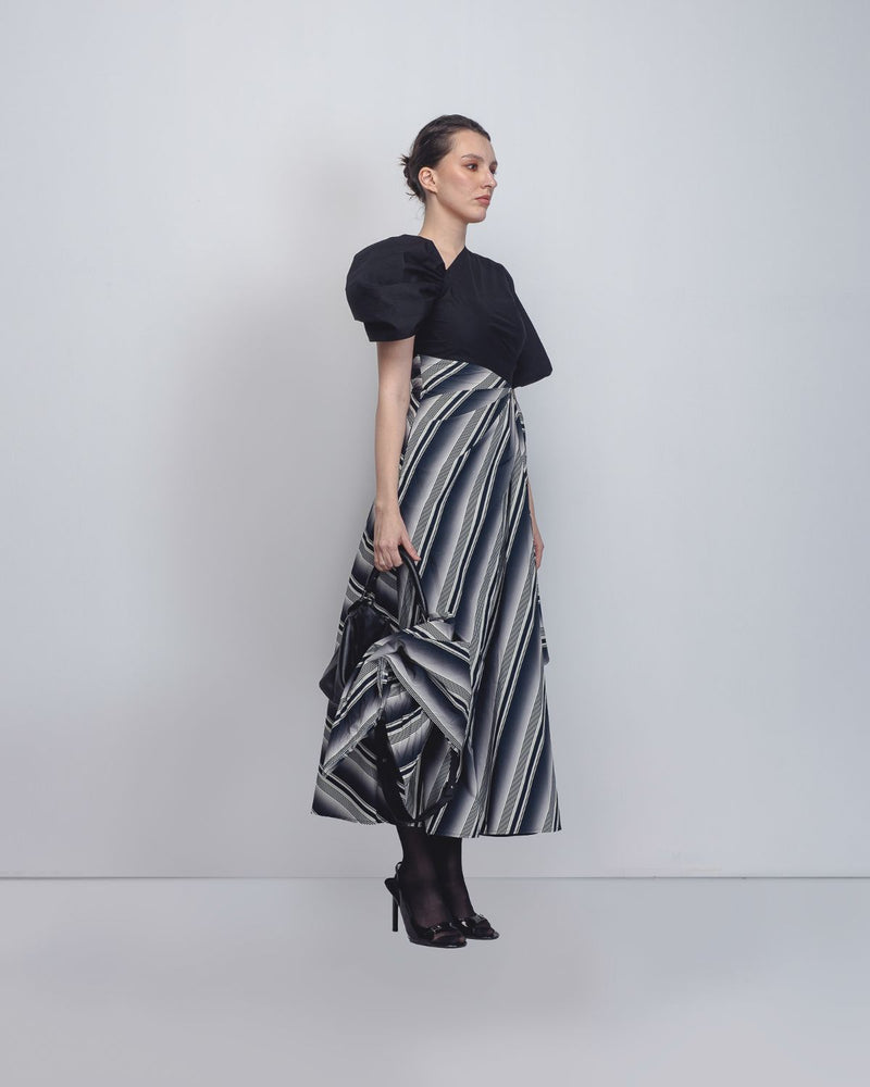 Anja Dress - Black + White Stripes cotton by Leh Studios in black color for women Worldwide