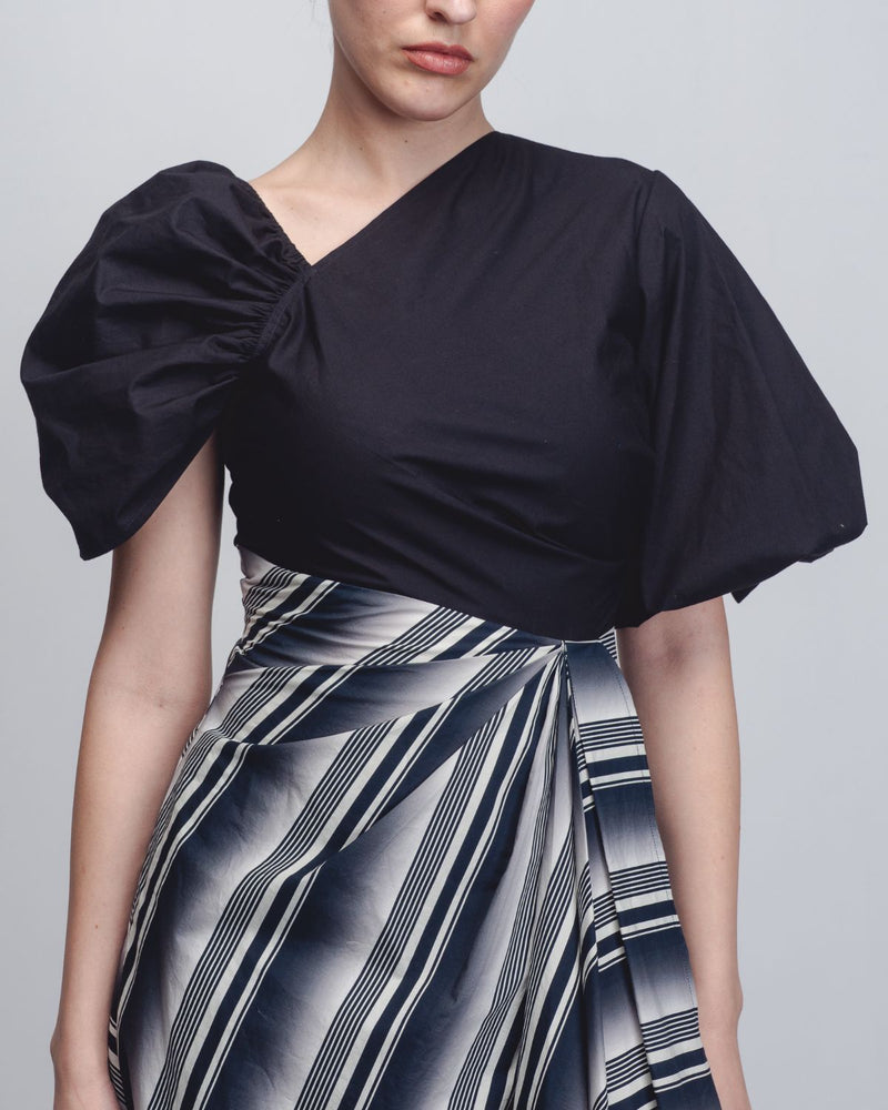 Anja Dress - Black + White Stripes cotton by Leh Studios in black color for women Worldwide