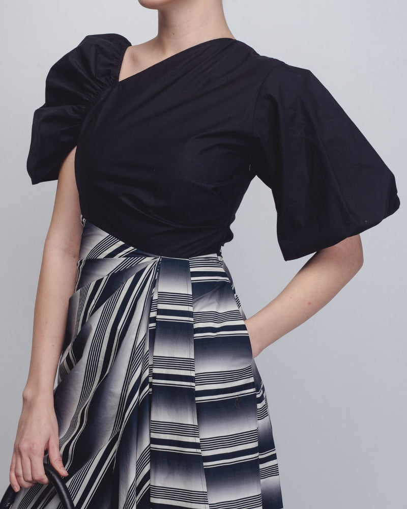 Anja Dress - Black + White Stripes cotton by Leh Studios in black color for women Worldwide