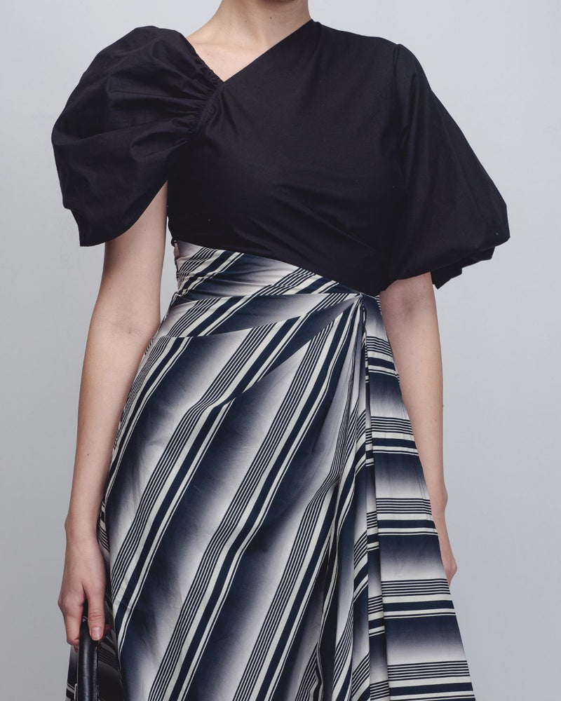 Anja Dress - Black + White Stripes cotton by Leh Studios in black color for women Worldwide