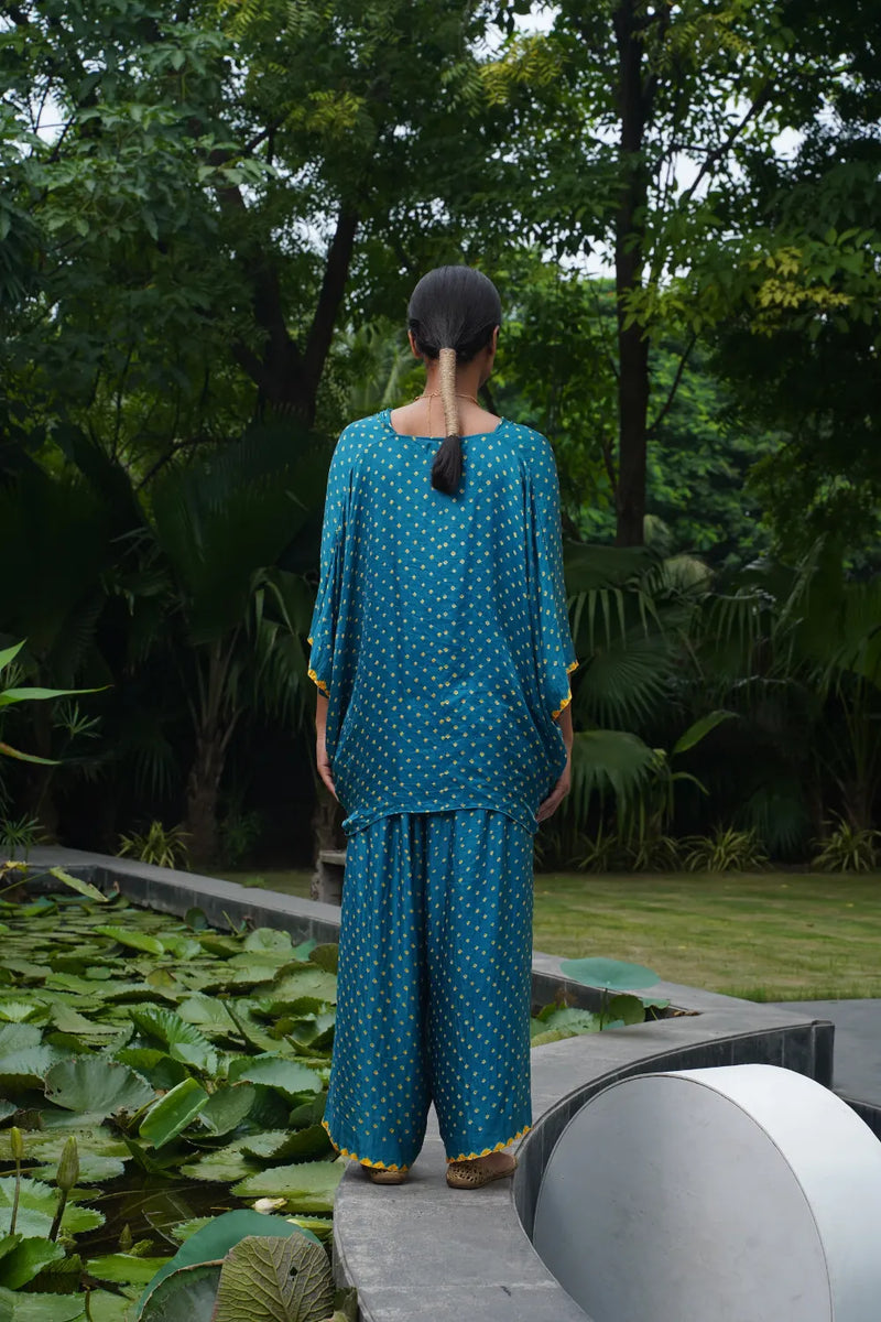 ANJUNA TWIST TOP SET-TEAL BLUE, COLOUR CAN BE CUSTOMISED silk by Dyelogue in blue color for women Worldwide