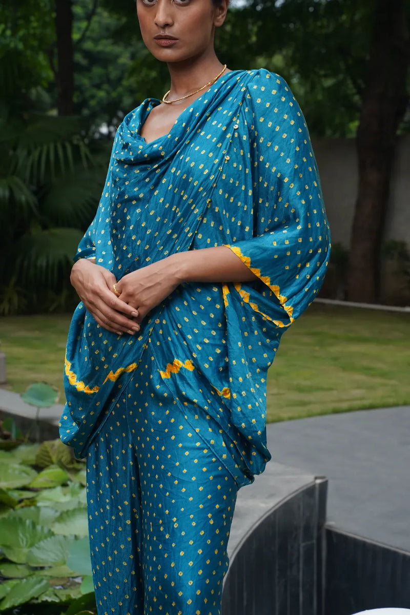ANJUNA TWIST TOP SET-TEAL BLUE, COLOUR CAN BE CUSTOMISED silk by Dyelogue in blue color for women Worldwide