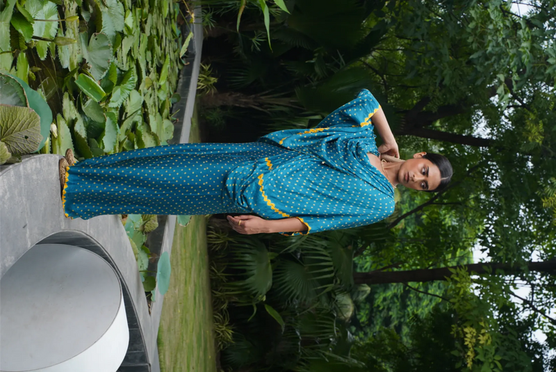 ANJUNA TWIST TOP SET-TEAL BLUE, COLOUR CAN BE CUSTOMISED silk by Dyelogue in blue color for women Worldwide