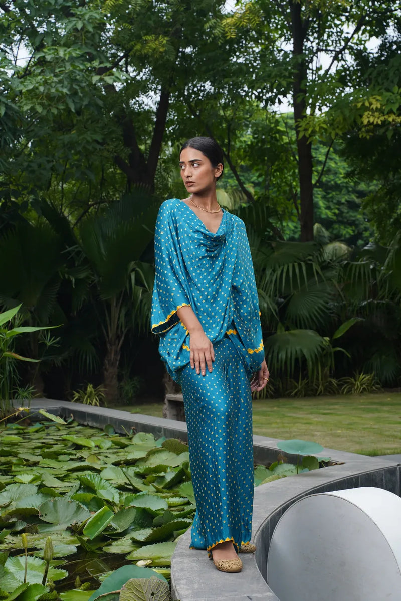 ANJUNA TWIST TOP SET-TEAL BLUE, COLOUR CAN BE CUSTOMISED silk by Dyelogue in blue color for women Worldwide