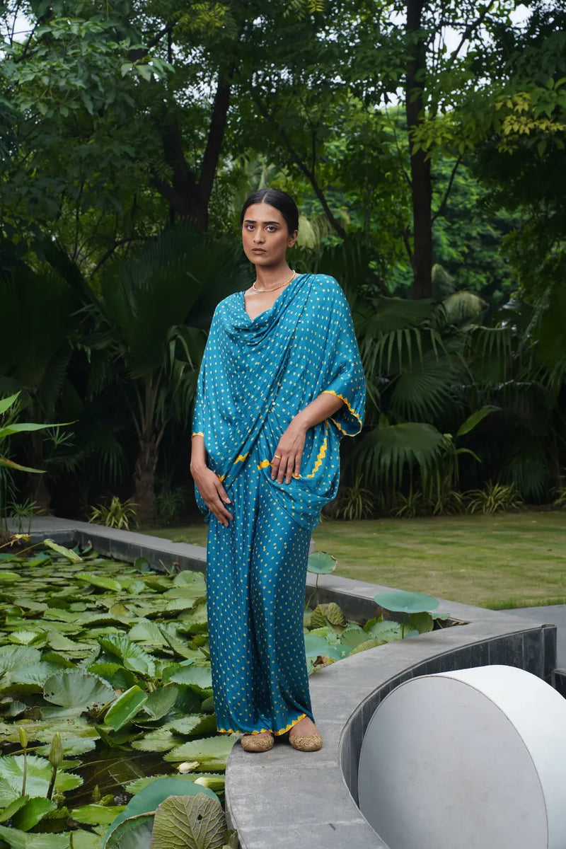 ANJUNA TWIST TOP SET-TEAL BLUE, COLOUR CAN BE CUSTOMISED silk by Dyelogue in blue color for women Worldwide