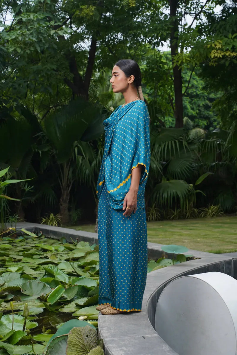 ANJUNA TWIST TOP SET-TEAL BLUE, COLOUR CAN BE CUSTOMISED silk by Dyelogue in blue color for women Worldwide