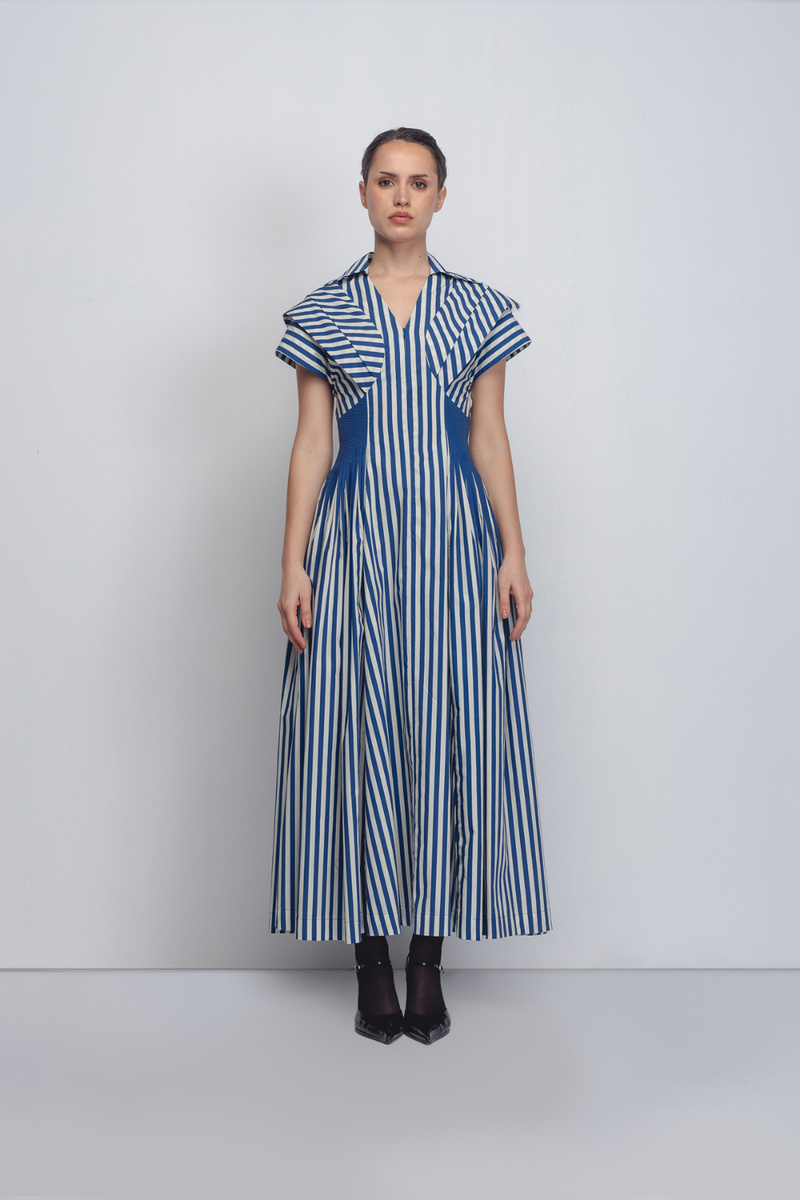 Anne Dress - Cobalt + White Stripes cotton by Leh Studios for women Worldwide