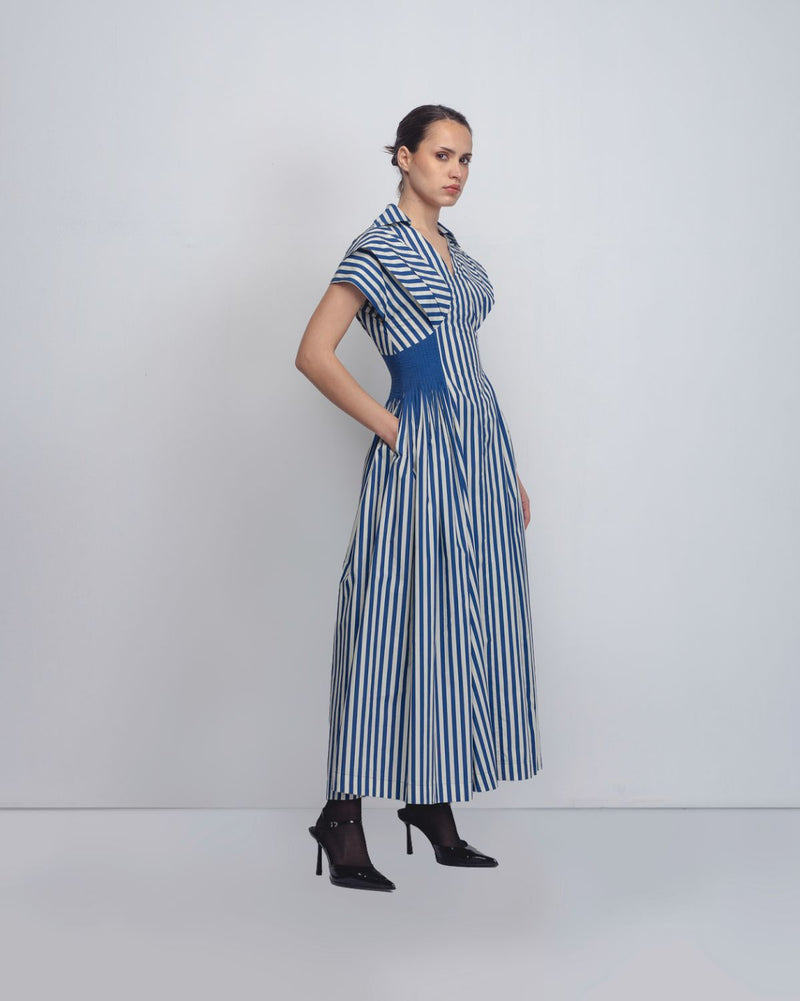 Anne Dress - Cobalt + White Stripes cotton by Leh Studios for women Worldwide
