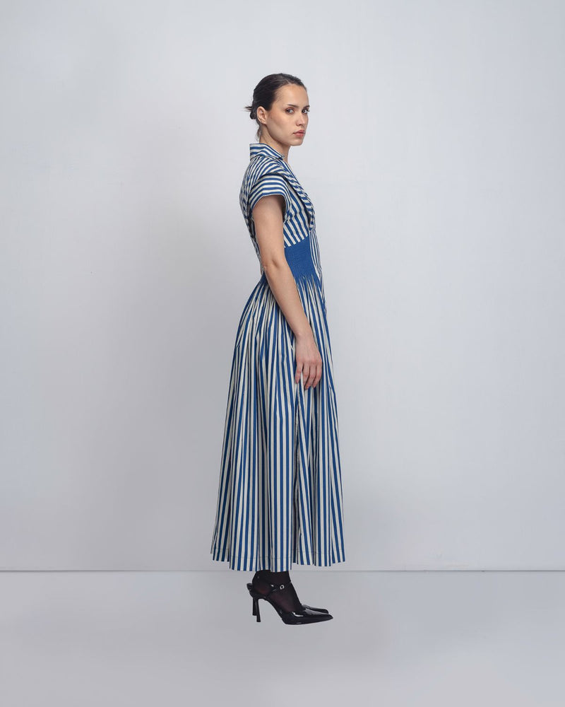 Anne Dress - Cobalt + White Stripes cotton by Leh Studios for women Worldwide
