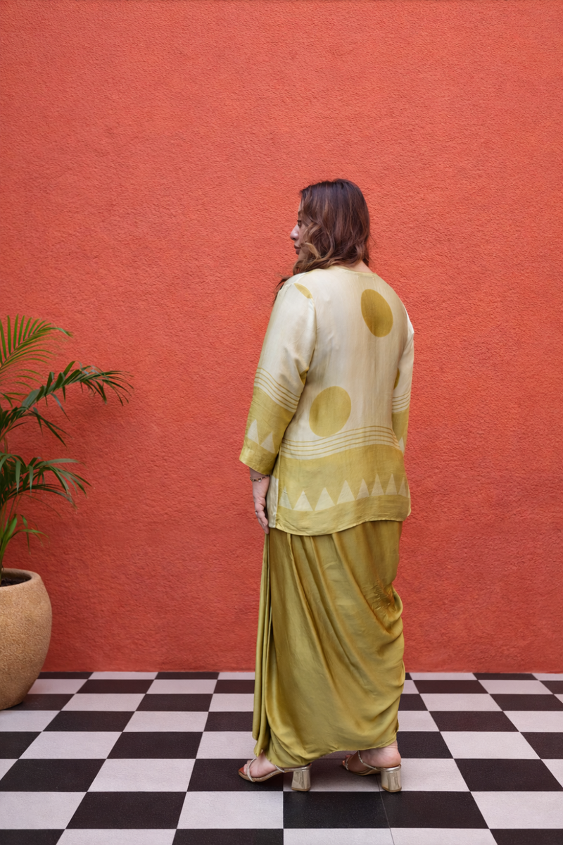 OHSO Organic Mustard Ajrakh Top & Draped Skirt Set satin by PRAHNAAYA in yellow color for women Worldwide