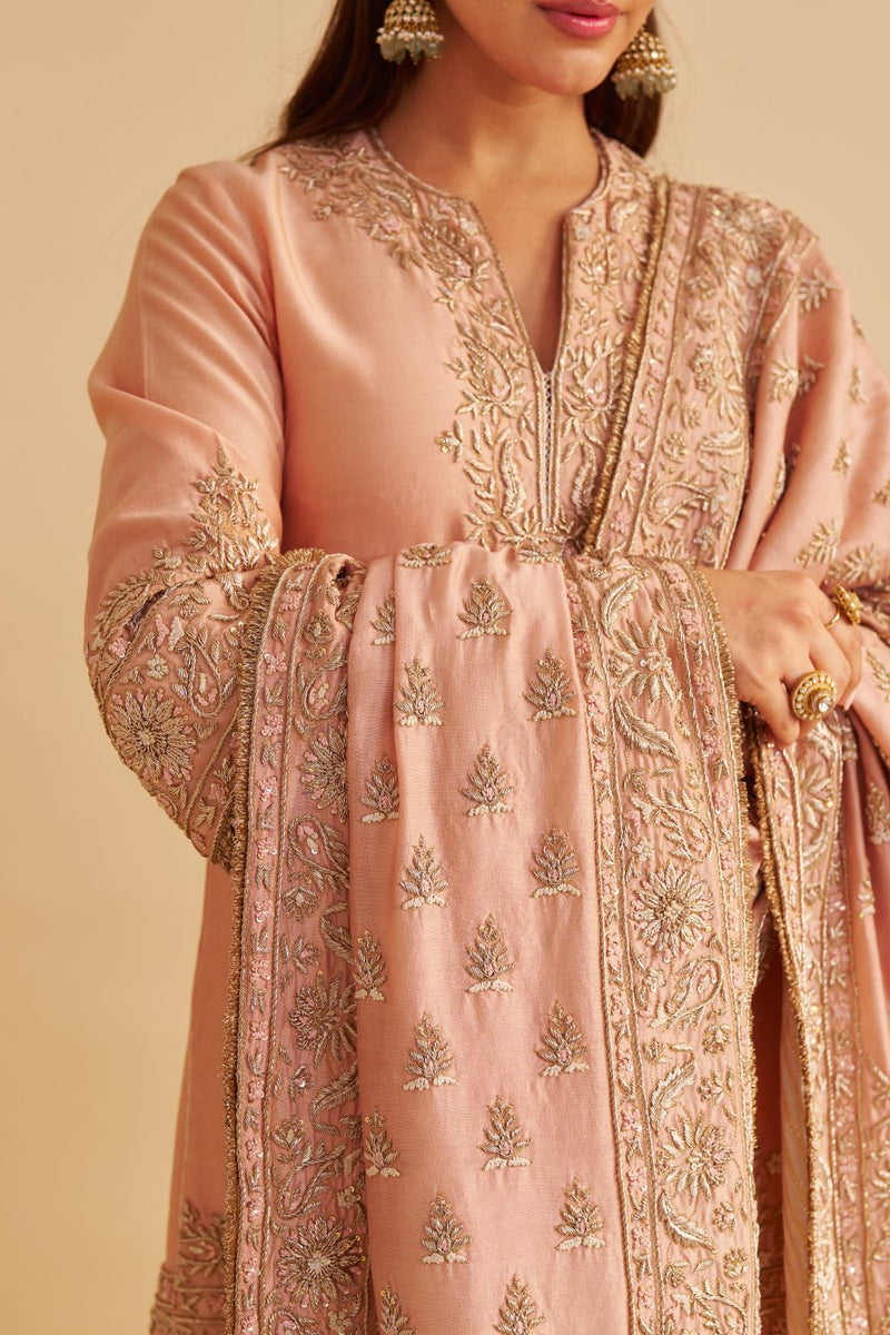 Areeba - Dabka Zardozi Embroidered Pure Banarasi Off Rose Short Kurta & Salwar with Dupatta satin by SHEETAL BATRA for women Worldwide