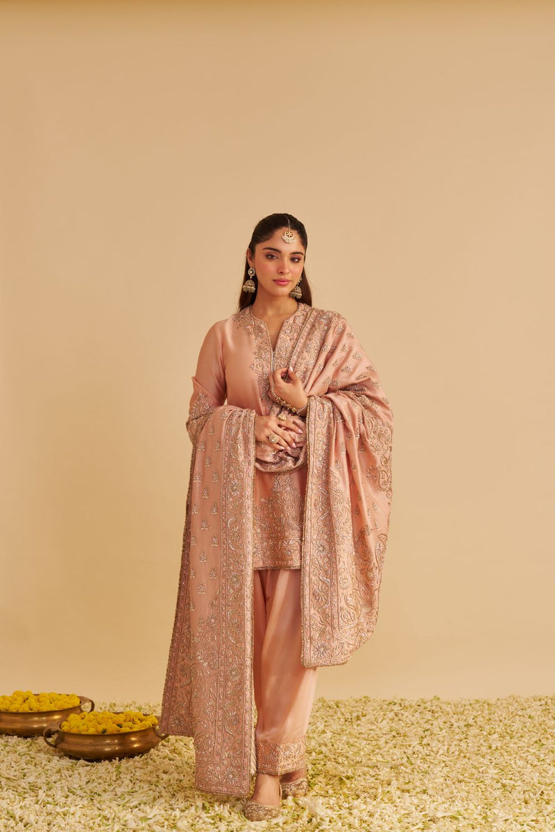 Areeba - Dabka Zardozi Embroidered Pure Banarasi Off Rose Short Kurta & Salwar with Dupatta satin by SHEETAL BATRA for women Worldwide