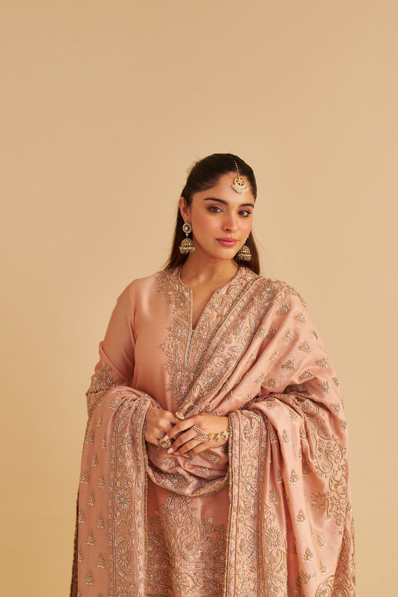 Areeba - Dabka Zardozi Embroidered Pure Banarasi Off Rose Short Kurta & Salwar with Dupatta satin by SHEETAL BATRA for women Worldwide