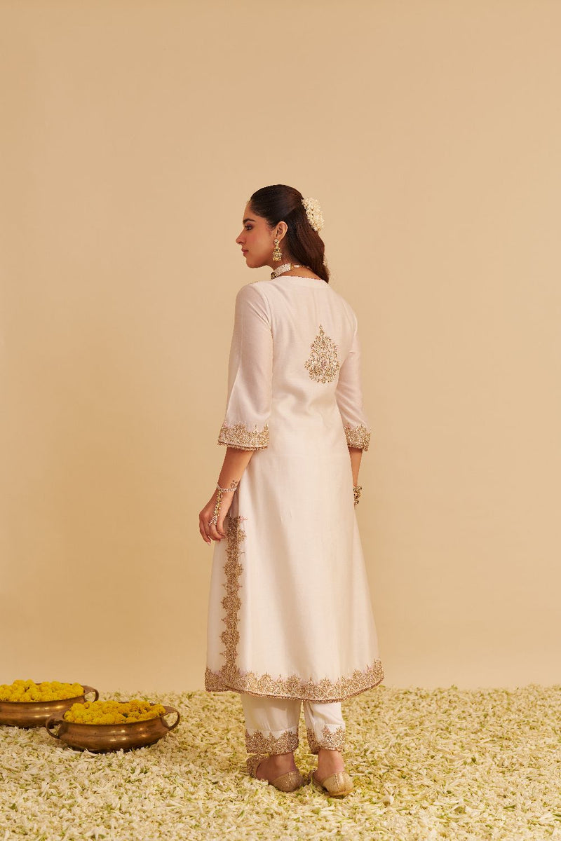 Areefa - Dabka Zardozi Embroidered Rich Banarasi Daisy Ivory Suit & Salwar satin by SHEETAL BATRA in ivory color for women Worldwide