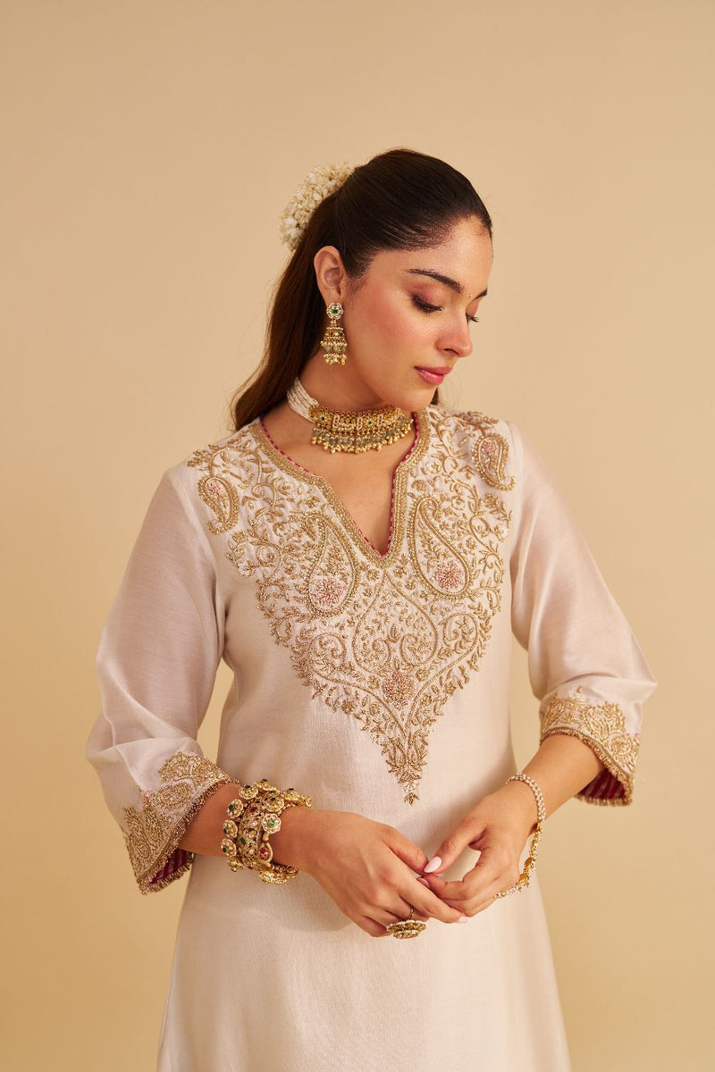 Areefa - Dabka Zardozi Embroidered Rich Banarasi Daisy Ivory Suit & Salwar satin by SHEETAL BATRA in ivory color for women Worldwide