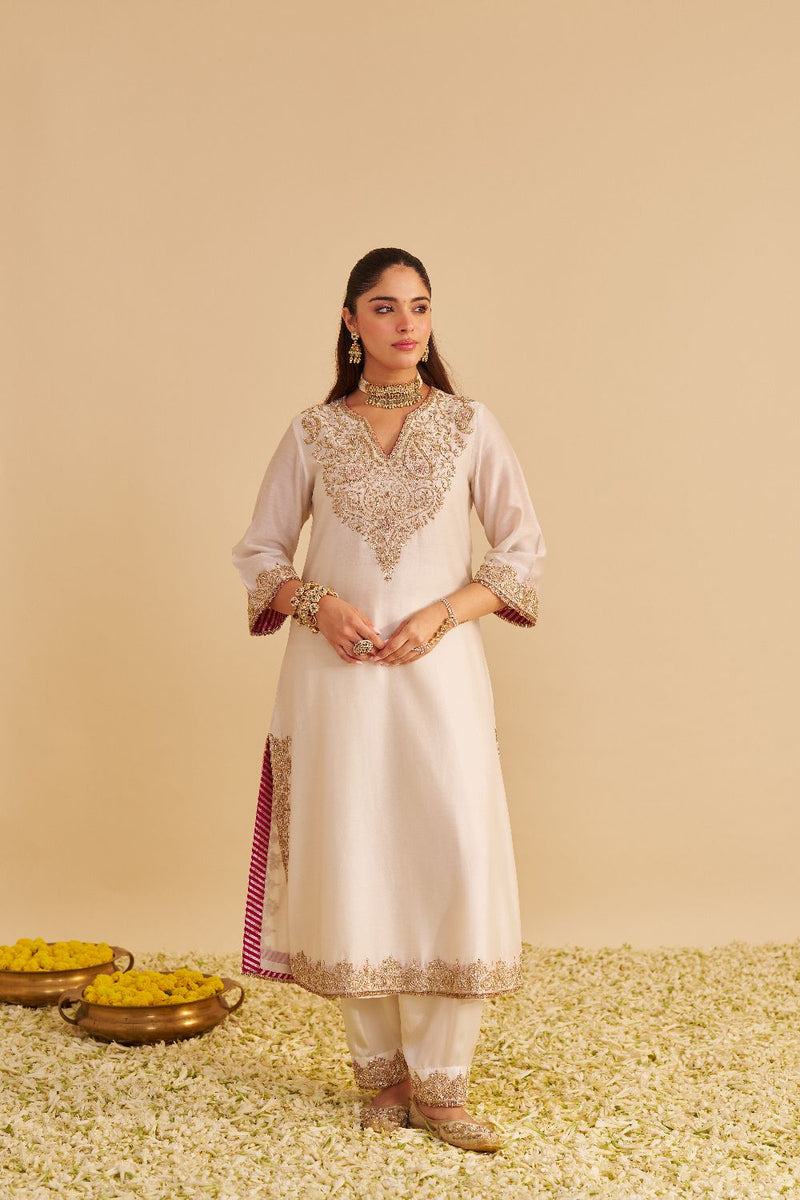 Areefa - Dabka Zardozi Embroidered Rich Banarasi Daisy Ivory Suit & Salwar satin by SHEETAL BATRA in ivory color for women Worldwide
