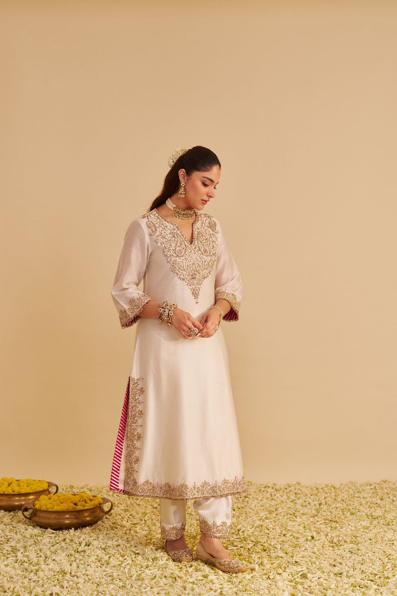 Areefa - Dabka Zardozi Embroidered Rich Banarasi Daisy Ivory Suit & Salwar satin by SHEETAL BATRA in ivory color for women Worldwide
