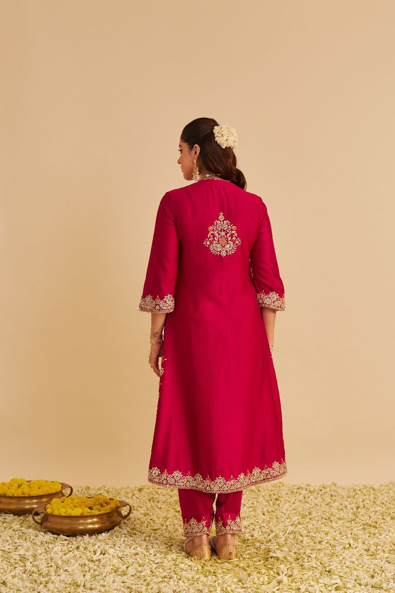 Areefa - Dabka Zardozi Embroidered Rich Banarasi Hotpink Suit & Salwar satin by SHEETAL BATRA in pink color for women Worldwide