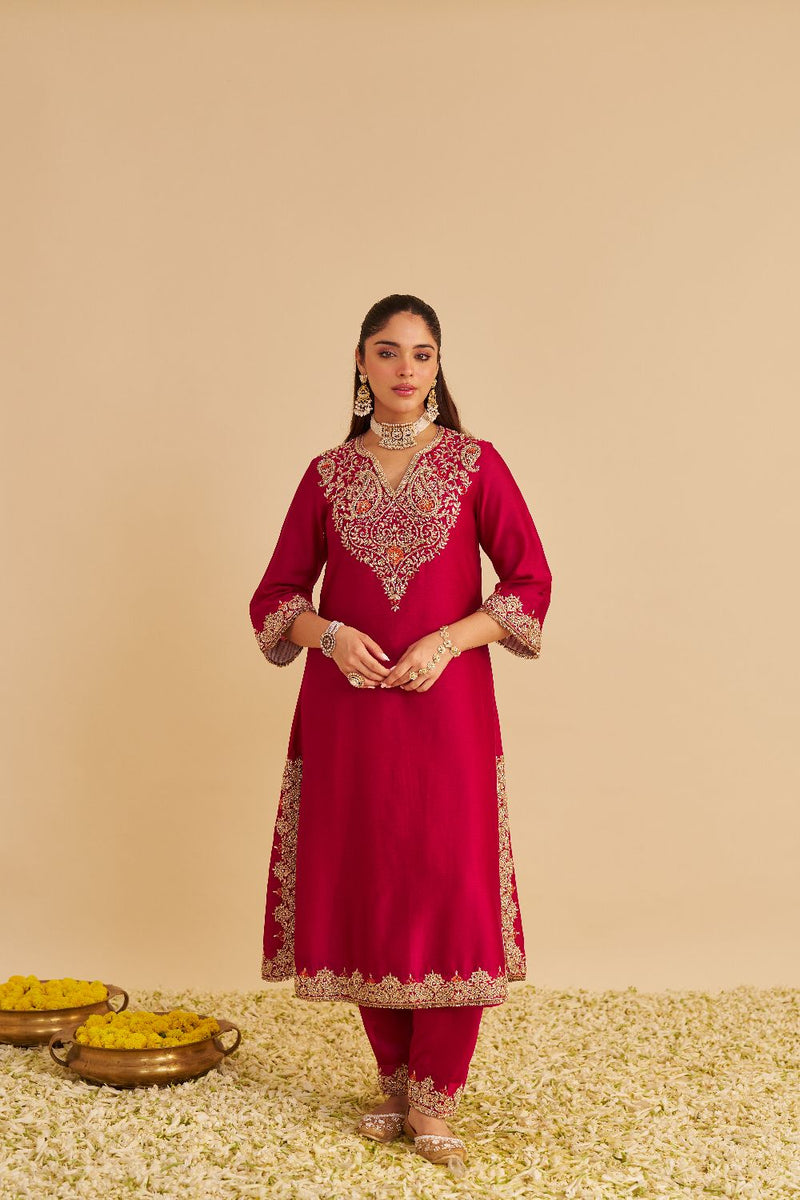 Areefa - Dabka Zardozi Embroidered Rich Banarasi Hotpink Suit & Salwar satin by SHEETAL BATRA in pink color for women Worldwide