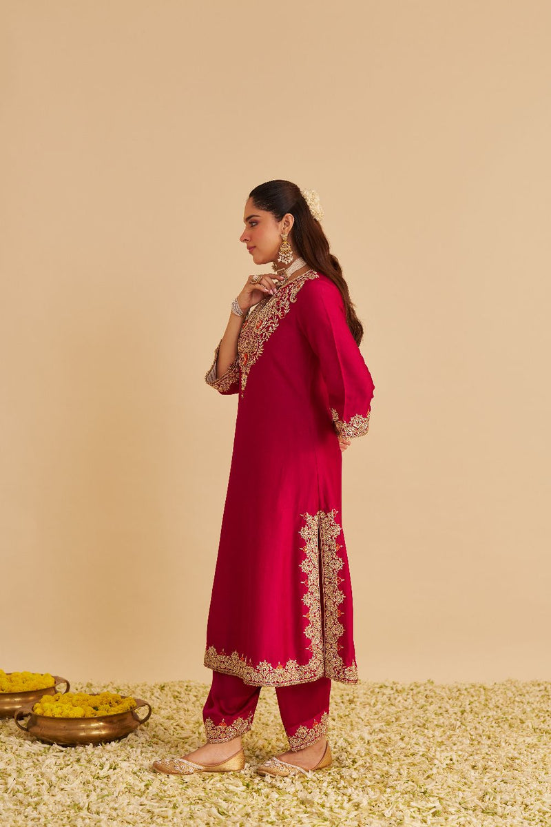 Areefa - Dabka Zardozi Embroidered Rich Banarasi Hotpink Suit & Salwar satin by SHEETAL BATRA in pink color for women Worldwide