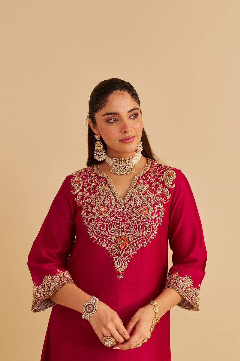 Areefa - Dabka Zardozi Embroidered Rich Banarasi Hotpink Suit & Salwar satin by SHEETAL BATRA in pink color for women Worldwide