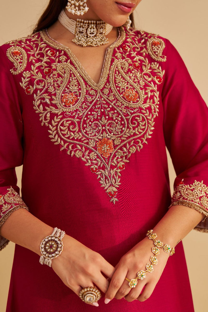 Areefa - Dabka Zardozi Embroidered Rich Banarasi Hotpink Suit & Salwar satin by SHEETAL BATRA in pink color for women Worldwide