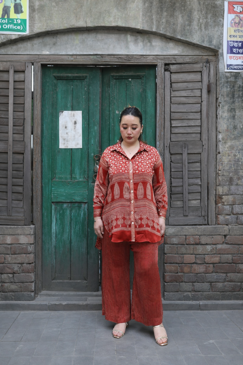 Surkh Red Ajrakh Co-ord Set satin by PRAHNAAYA in red color for women Worldwide
