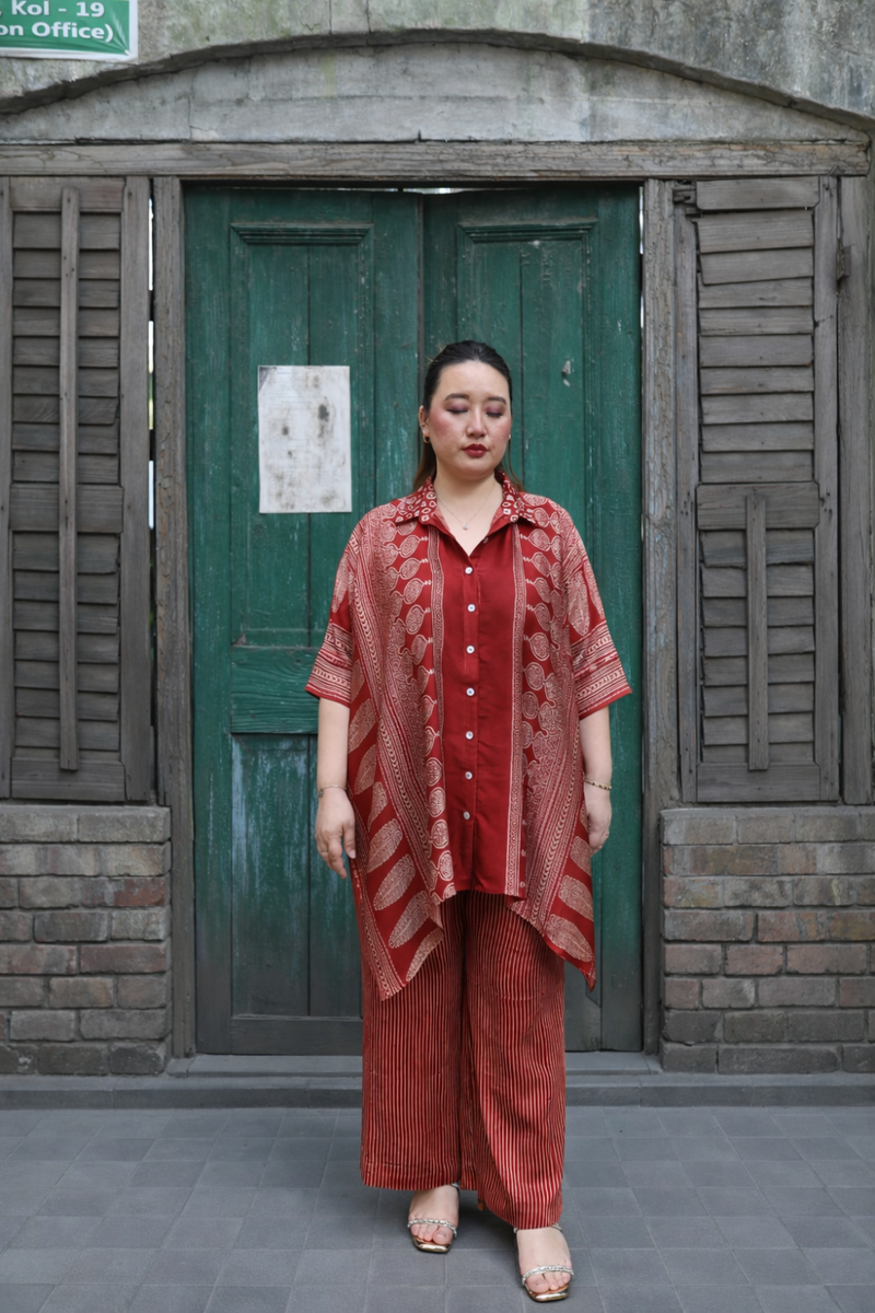 Surkh Red Ajrakh Antifit Co-ord Set satin by PRAHNAAYA in red color for women Worldwide
