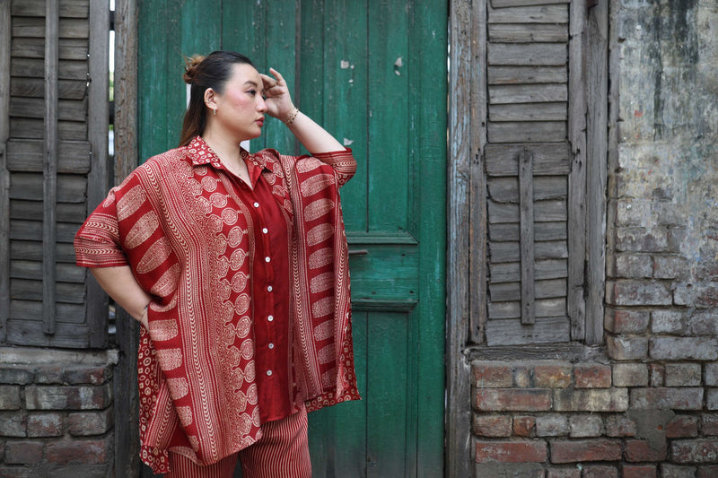 Surkh Red Ajrakh Antifit Co-ord Set satin by PRAHNAAYA in red color for women Worldwide
