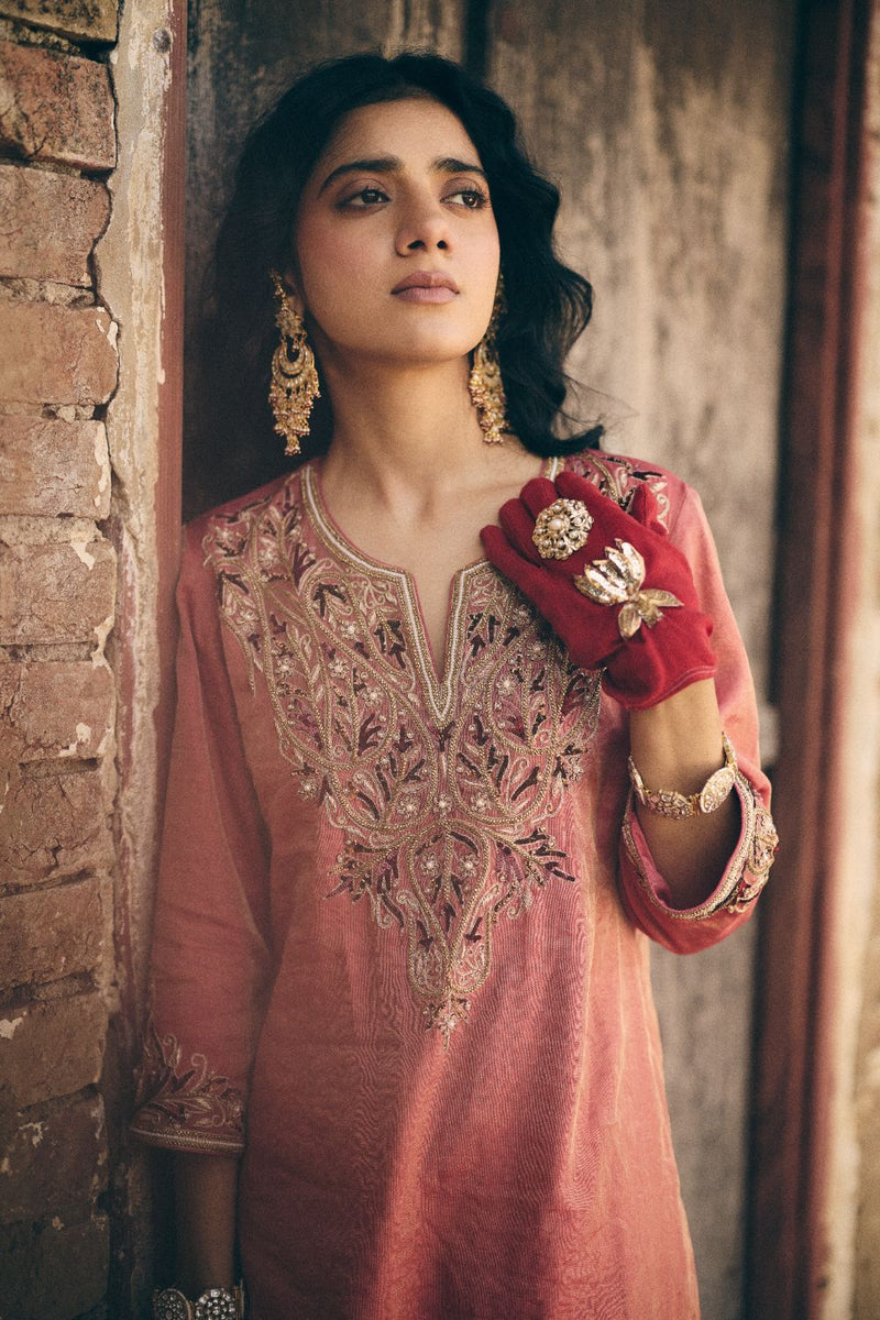 ARUNA & KAVYA KURTA & PANT tissue by Rashika Mittal in red color for women Worldwide