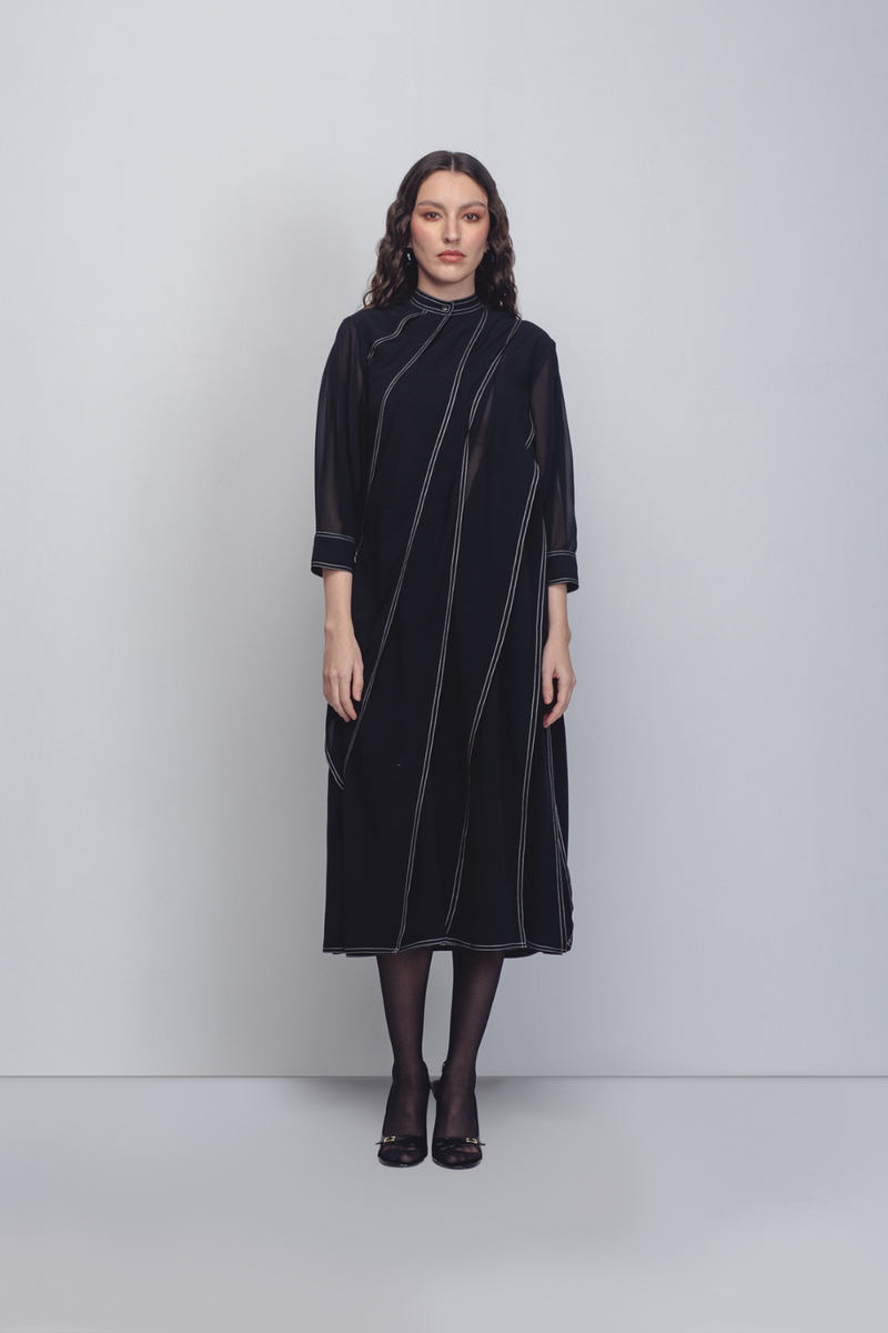 Ascent Pleated Dress - Black + White Stripes by Leh Studios in black color for women Worldwide