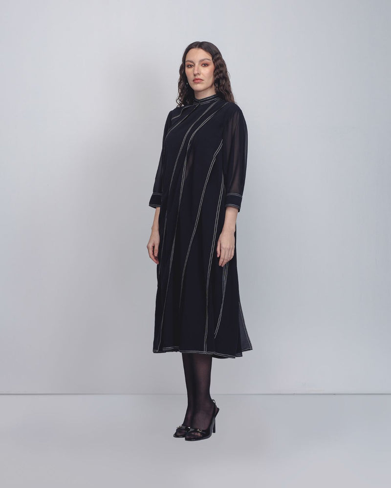 Ascent Pleated Dress - Black + White Stripes by Leh Studios in black color for women Worldwide