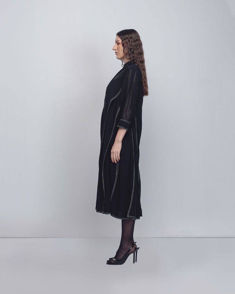 Ascent Pleated Dress - Black + White Stripes by Leh Studios in black color for women Worldwide