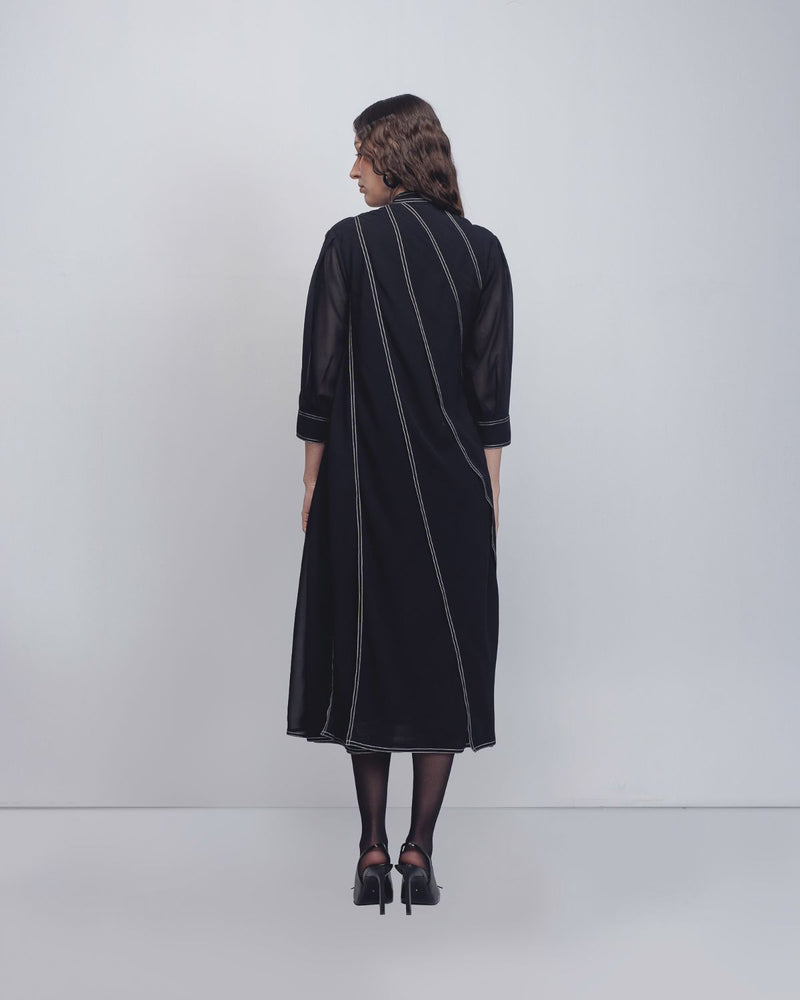 Ascent Pleated Dress - Black + White Stripes by Leh Studios in black color for women Worldwide