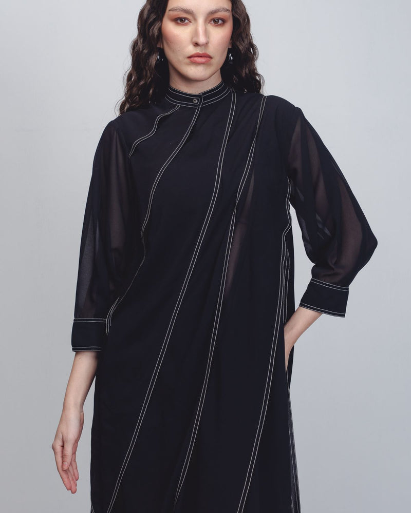 Ascent Pleated Dress - Black + White Stripes by Leh Studios in black color for women Worldwide