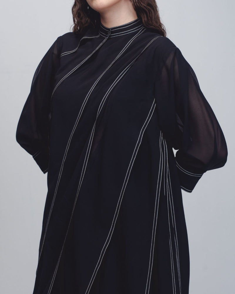 Ascent Pleated Dress - Black + White Stripes by Leh Studios in black color for women Worldwide