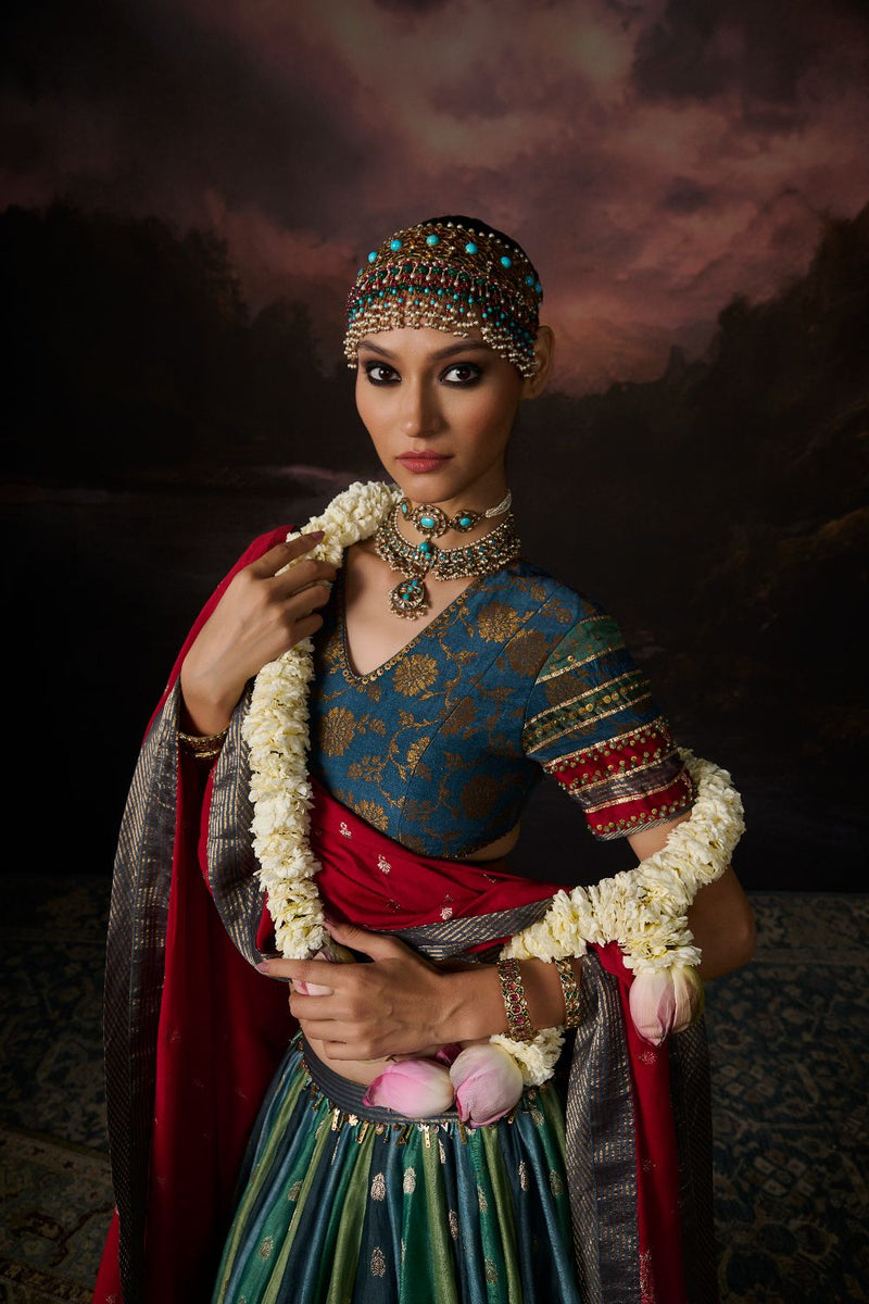 ASMA BLOUSE chanderi by SWATTI KAPOOR in teal color for women Worldwide
