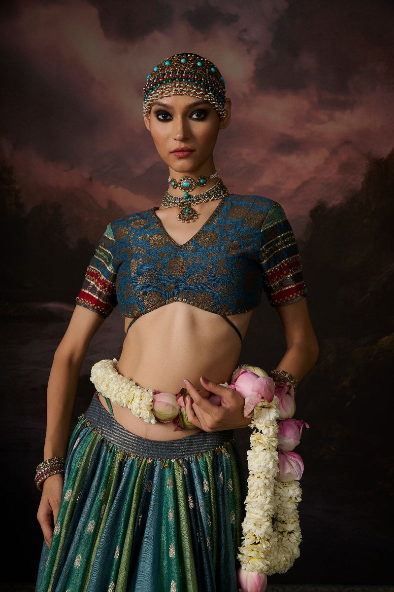 ASMA BLOUSE chanderi by SWATTI KAPOOR in teal color for women Worldwide