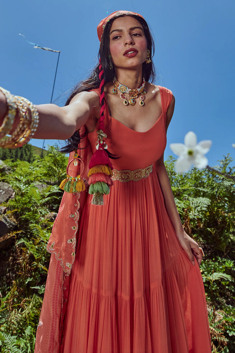 Astrid Anarkali Set georgettte by Paulmi & Harsh-kahan Sep'26 in orange for women Worldwide