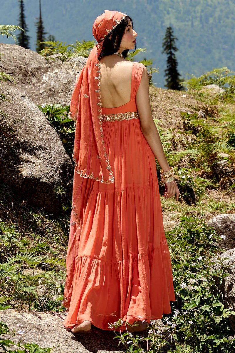 Astrid Anarkali Set georgettte by Paulmi & Harsh-kahan Sep'26 in orange for women Worldwide