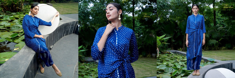AUTUMN TIE KNOT KURTA SET-INDIGO BLUE silk by Dyelogue in blue color for women Worldwide