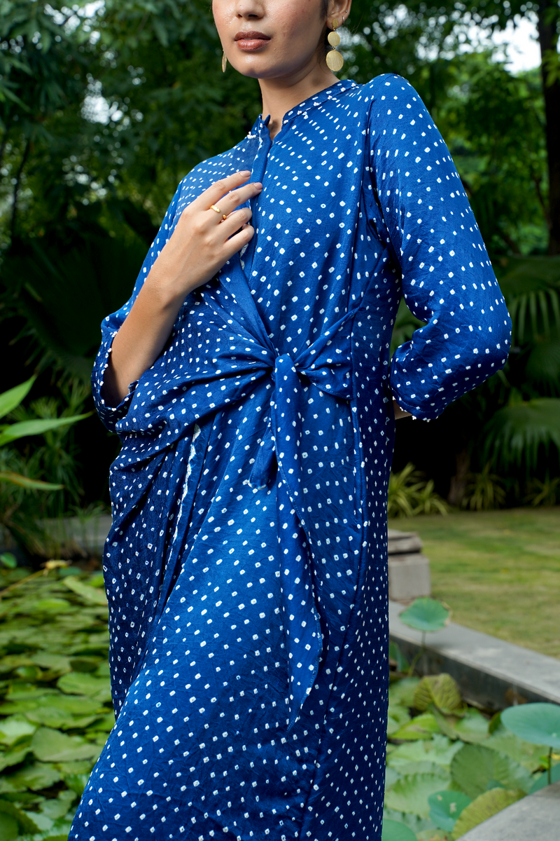 AUTUMN TIE KNOT KURTA SET-INDIGO BLUE silk by Dyelogue in blue color for women Worldwide