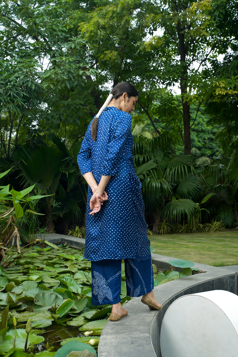 AUTUMN TIE KNOT KURTA SET-INDIGO BLUE silk by Dyelogue in blue color for women Worldwide