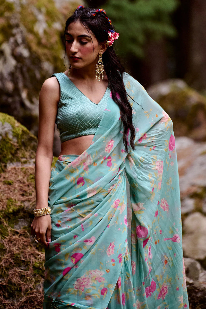 Avni Saree Set georgettte by Paulmi & Harsh-kahan Sep'26 in blue for women Worldwide